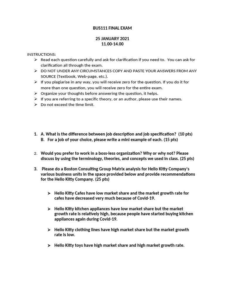 BUS111 Final Exam Instructions & Questions | PDF