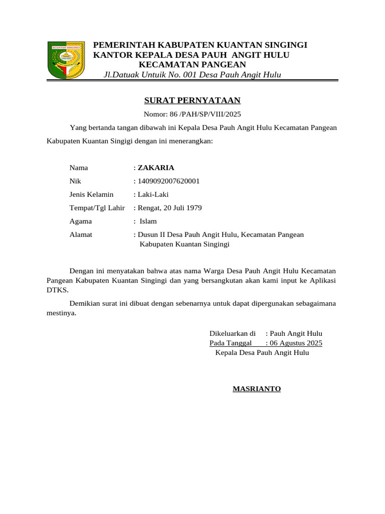 Surat Pernyataan Warga Pauh Angit Hulu | PDF