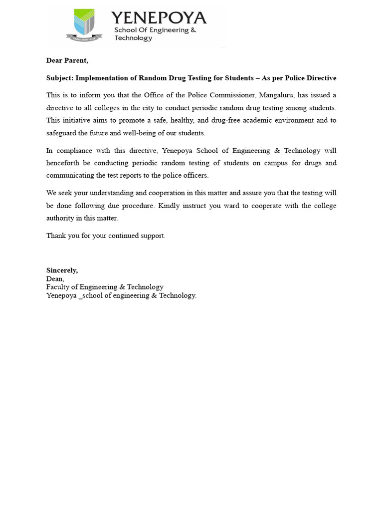 Content of Letter To Send To Parents Regarding Random Drug Testing | PDF