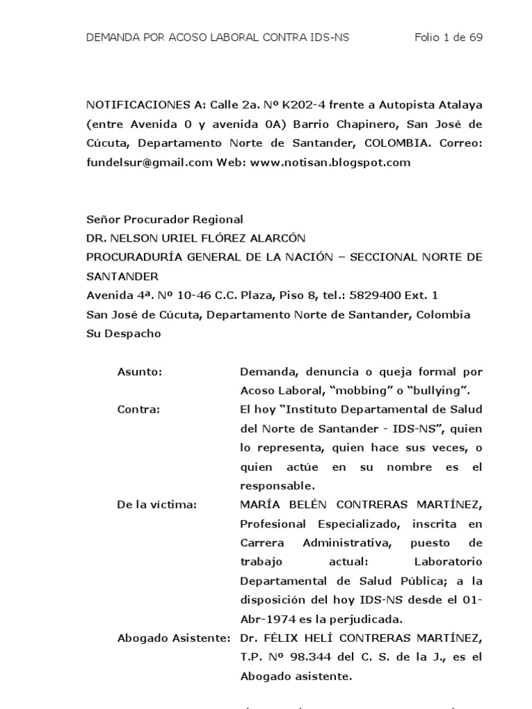 Borrador Demanda acoso laboral ante la procuraduría