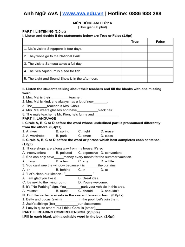 English Test for 6th Grade Students | PDF | Linguistics