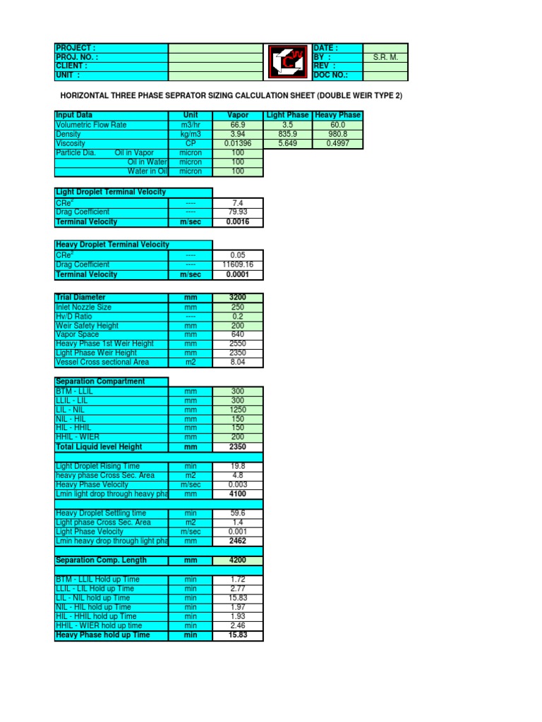 Three Phase Separator Sizing (Double Weir 2) PDF Phases Of Matter