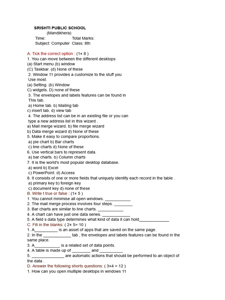Computer Exam Paper for 8th Grade | PDF