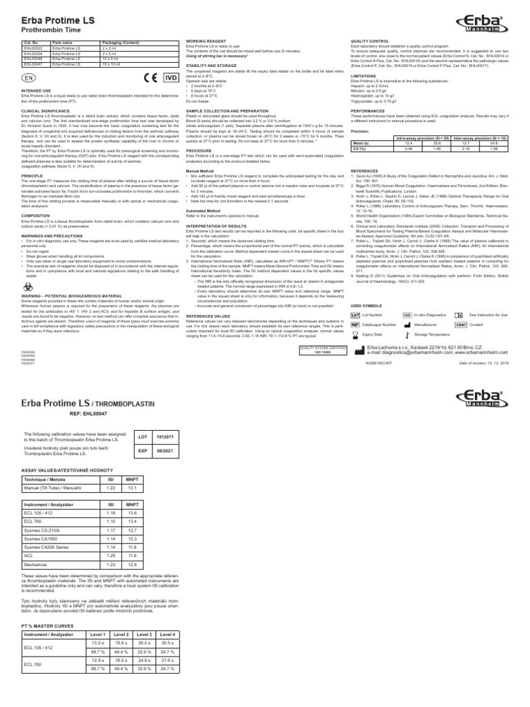 Erba Protime LS Prothrombin Test Guide | PDF | Coagulation | Blood Plasma