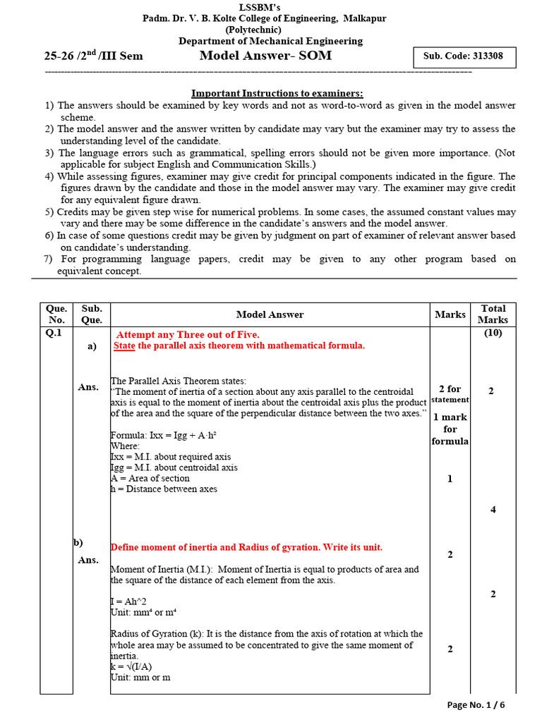 SOM Class Test I Model-Answer-paper | PDF | Deformation (Engineering ...