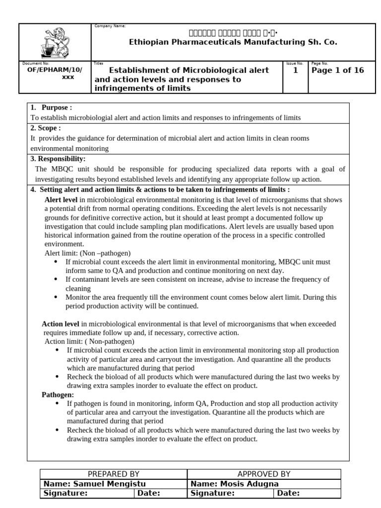 Microbiological Alert and Action Limits | PDF | Environmental ...