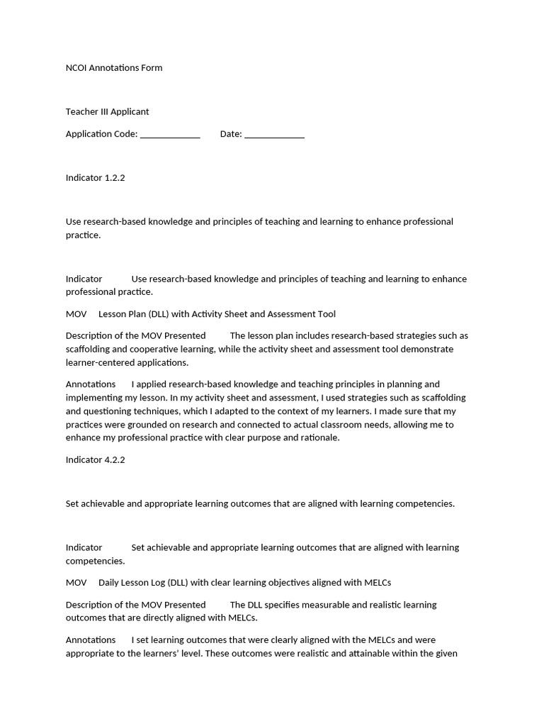 NCOI Annotation Form for Teacher III | PDF | Educational Assessment ...