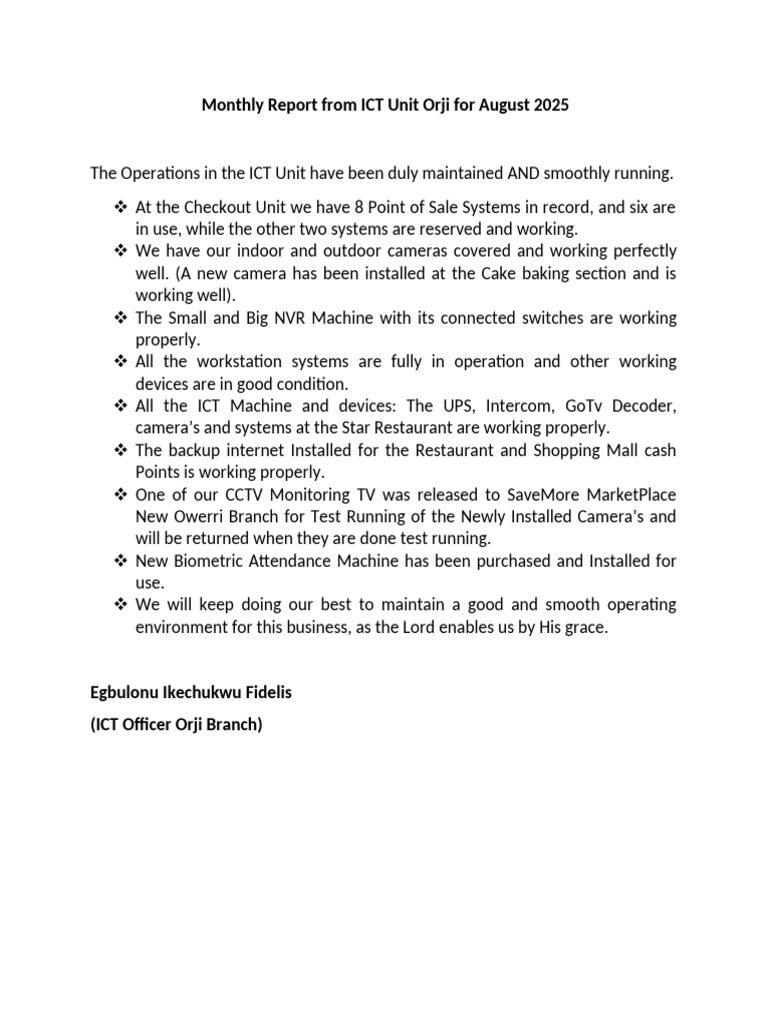 ICT Unit Monthly Report - August 2025 | PDF