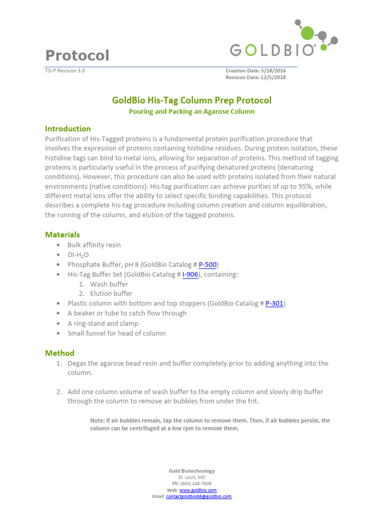 His-Tag Column Prep Protocol Guide | PDF | Protein Purification ...