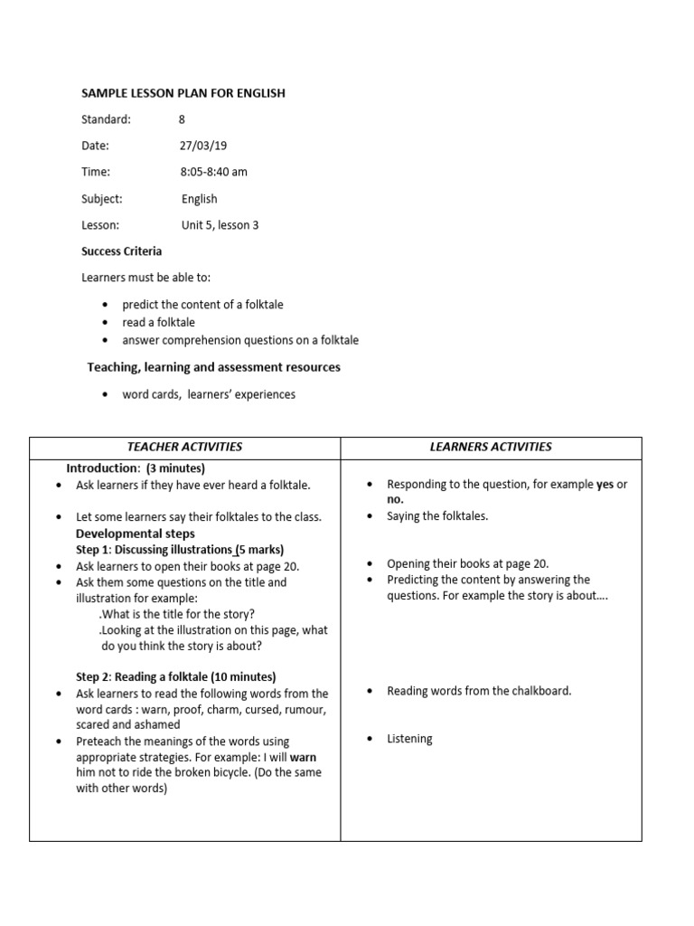 English Lesson Plan: Folktale Comprehension | PDF | Reading ...