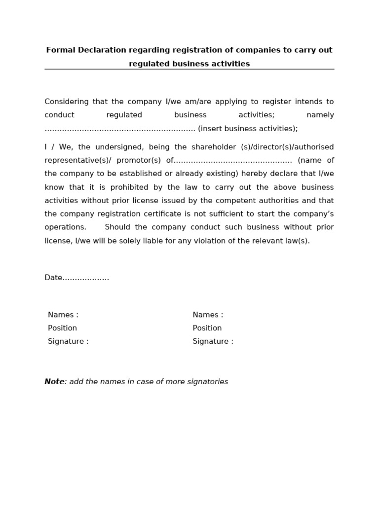 Business Activity Registration Declaration | PDF