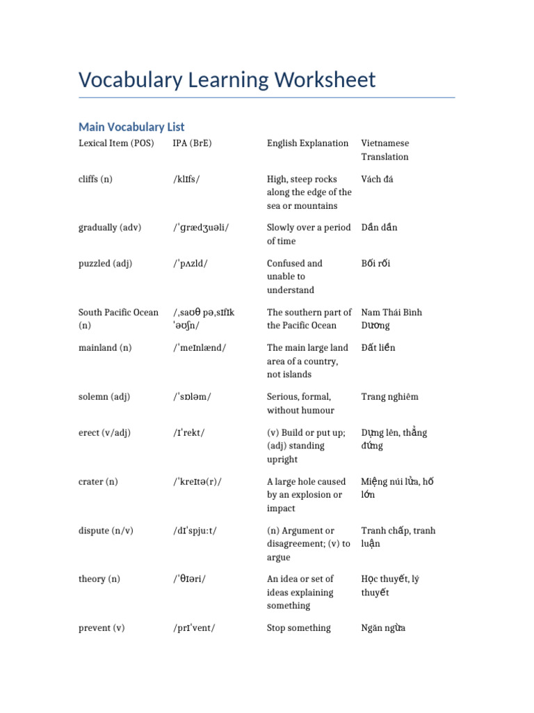 Vocabulary Learning Worksheet | PDF | Linguistics