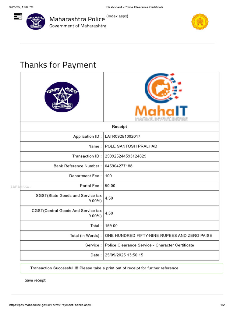 Police Clearance Service Receipt | PDF
