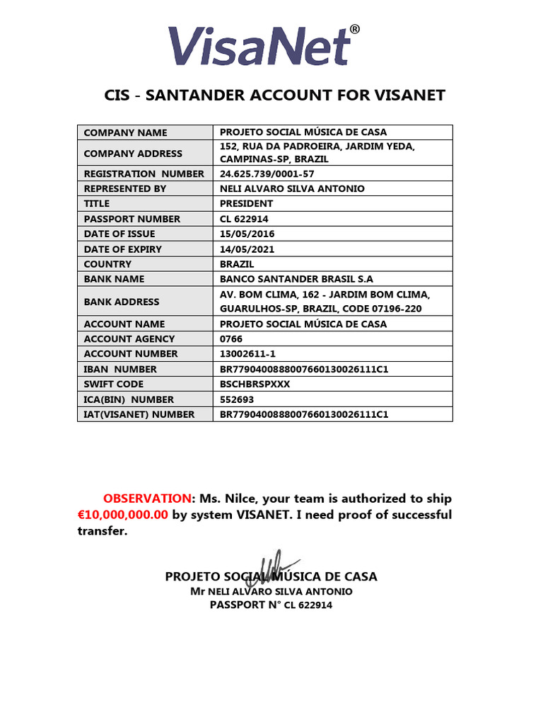 Santander Account Details for Visanet | PDF