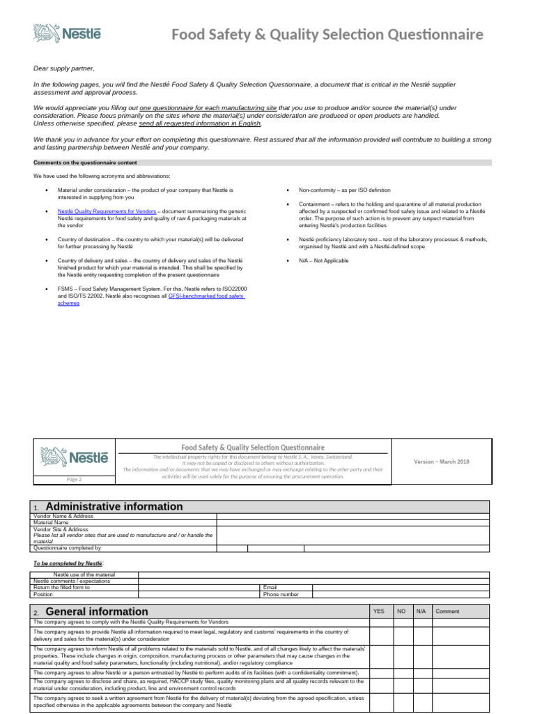 NestlÃ© FSQ - Selection - Questionnaire - Version March 2018 | PDF | Safety