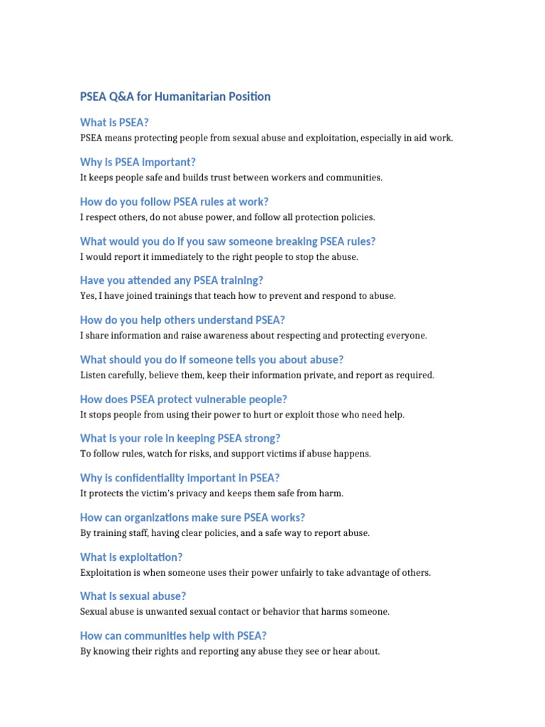 PSEA Guidelines for Humanitarian Workers | PDF
