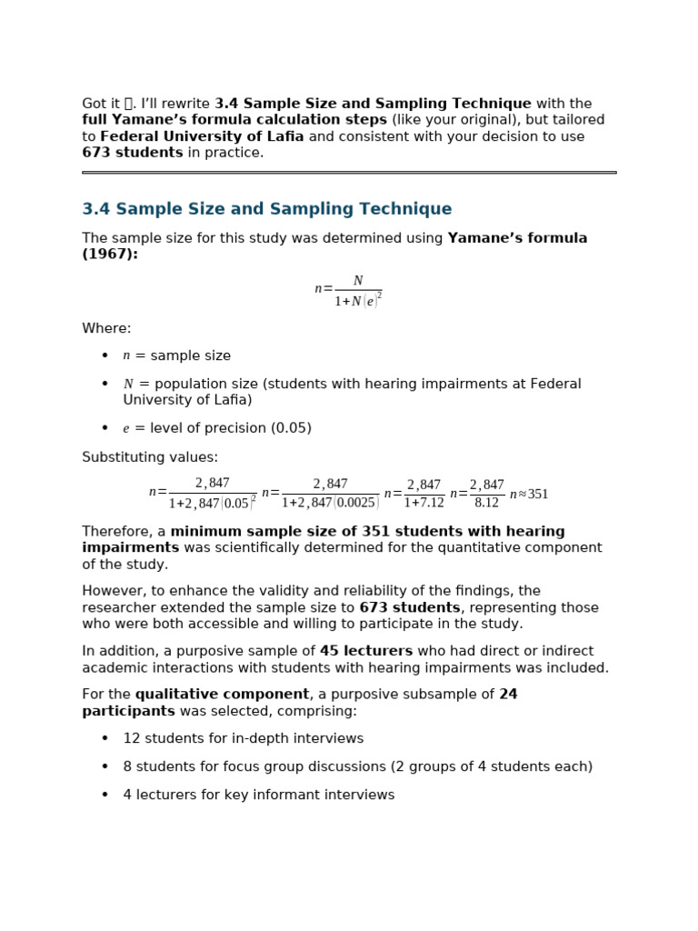 Yamane's Formula for Sample Size Calculation | PDF