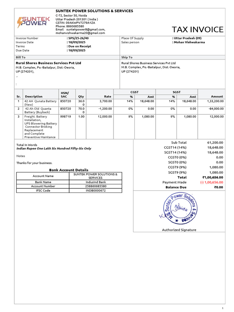GST Invoice for Battery Purchase | PDF | Payments | Business Documents