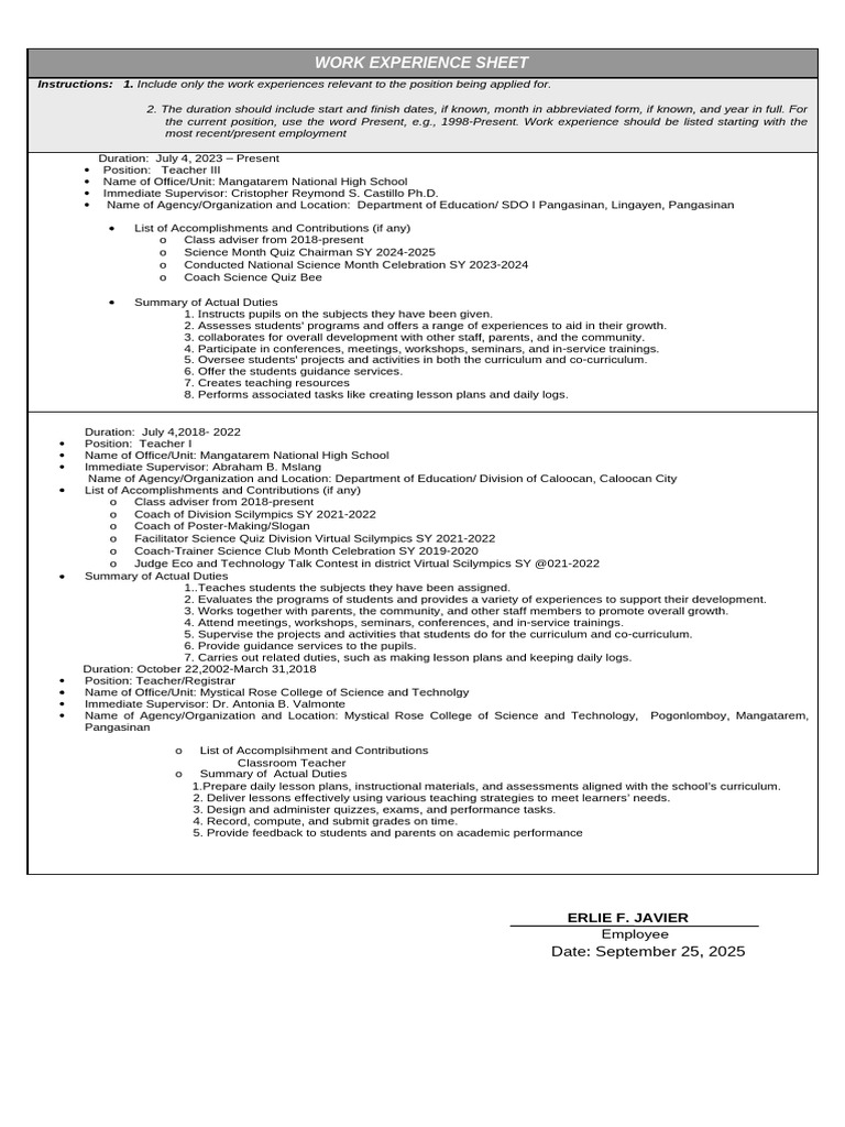 Teacher Work Experience Overview | PDF | Lesson Plan | Teachers