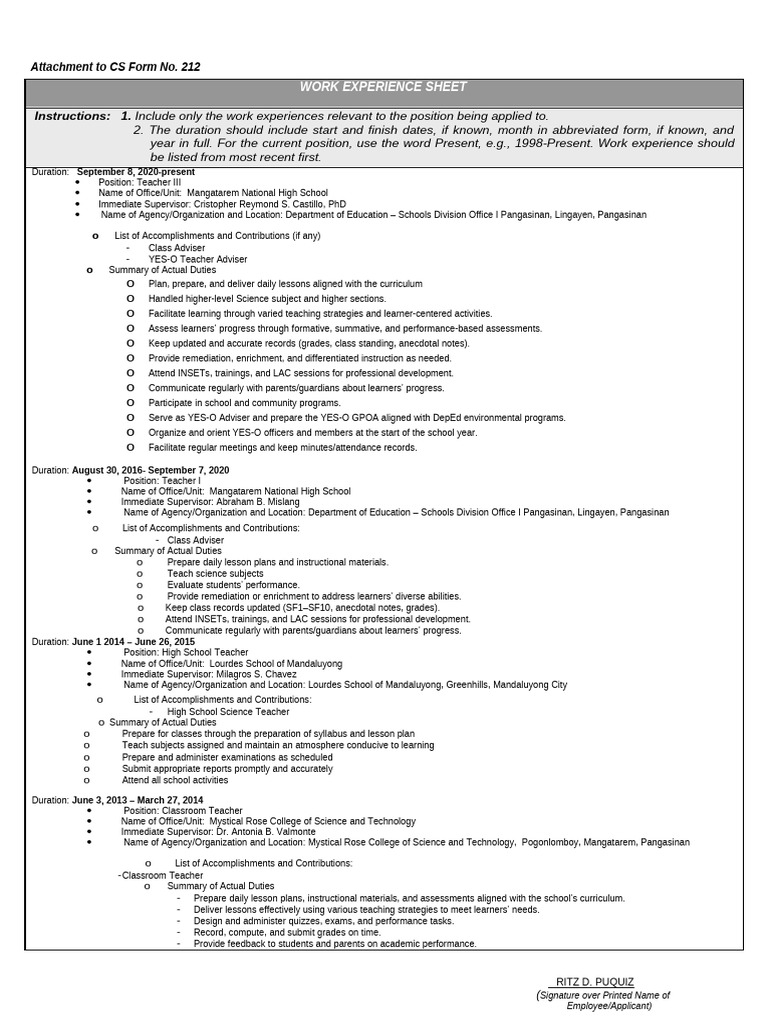 Teacher Work Experience Summary | PDF | Teachers | Lesson Plan