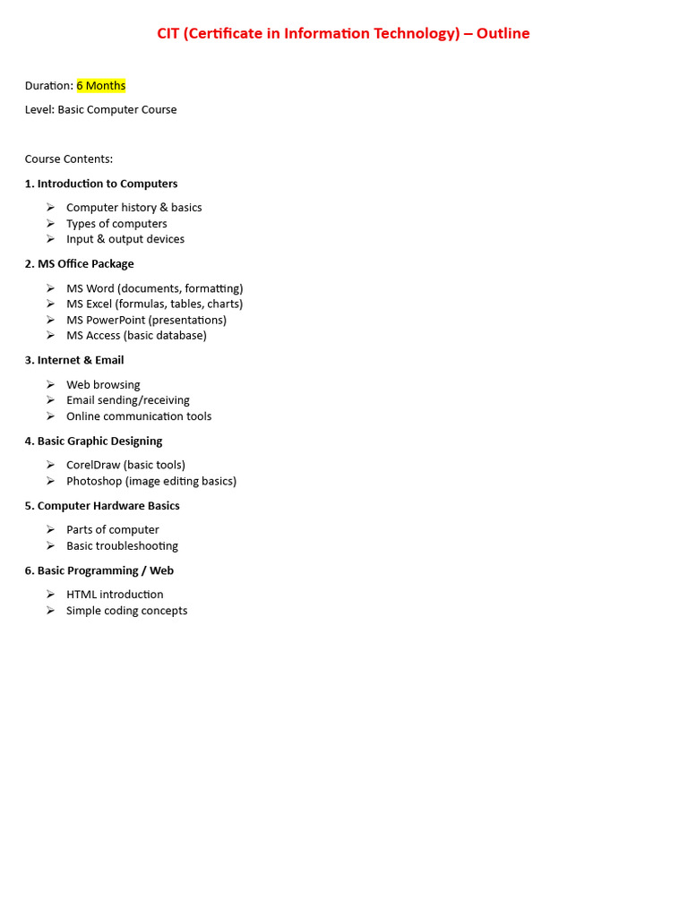 CIT vs DIT Course Outlines | PDF