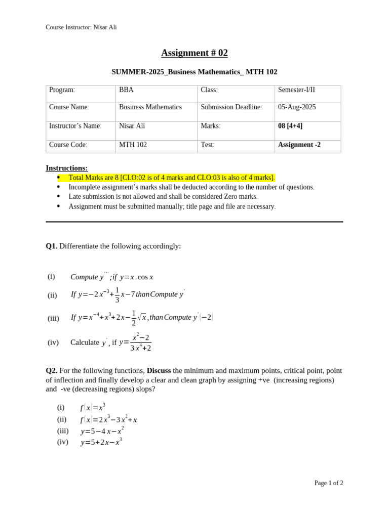 Business Mathematics Assignment MTH 102 | PDF | Mathematics