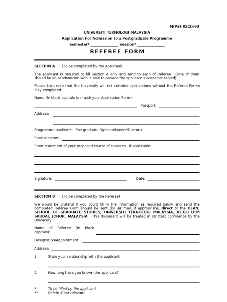 Referee Form: To Be Filled by The Applicant Delete If Not Relevant | PDF