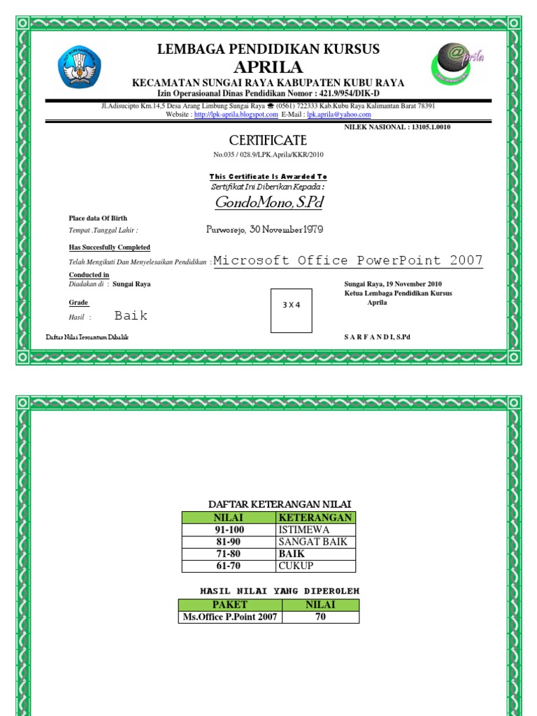 sertifikat Kursus Komputer sertifikat Kursus Komputer