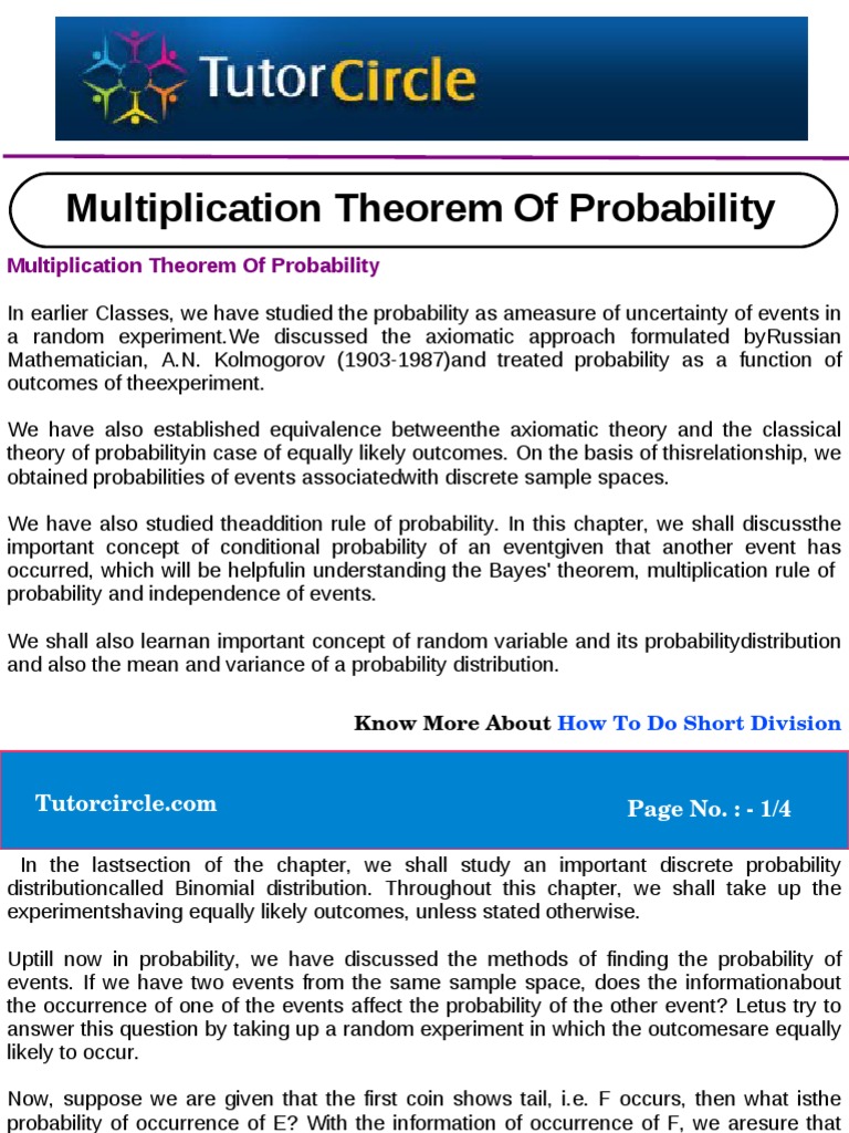 Multiplication Theorem of Probability | PDF | Probability | Probability ...