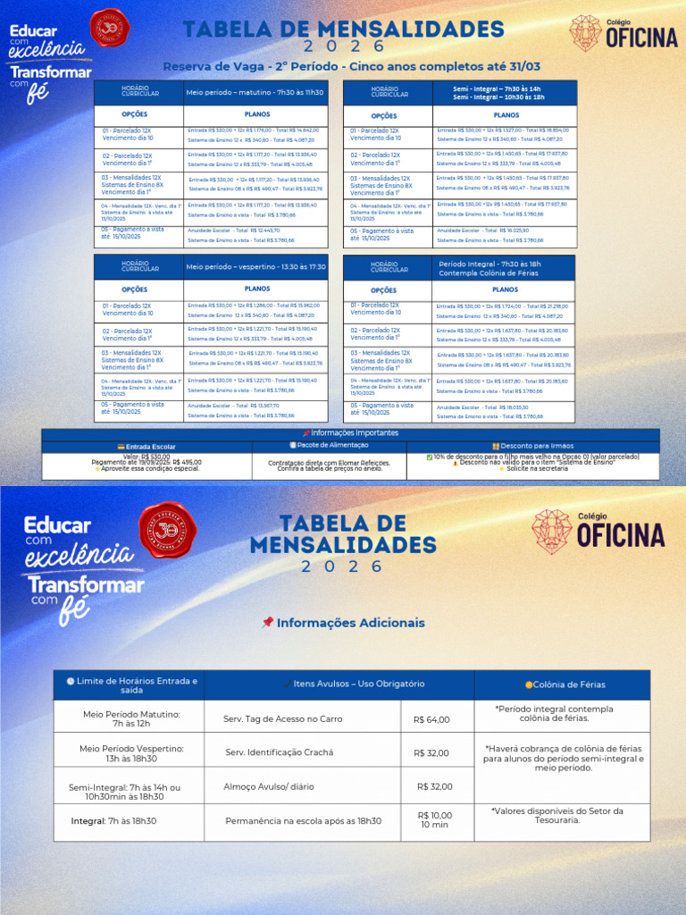 Planos e Valores de Mensalidades 2026 | PDF