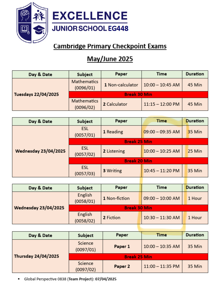 Primary Checkpoint Timetable | PDF