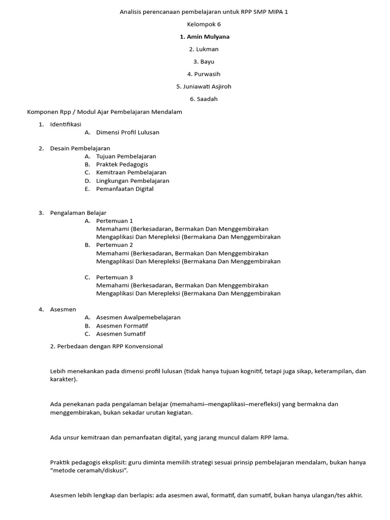 Analisis Perencanaan Pembelajaran Untuk RPP SMP MIPA 1 | PDF