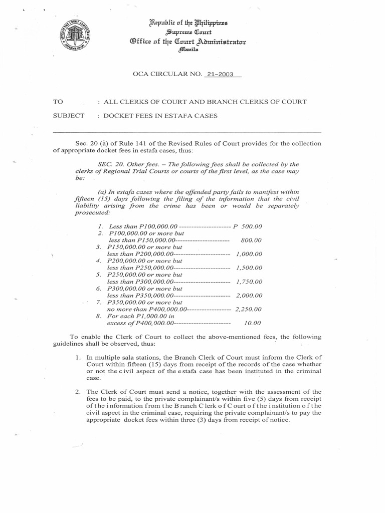 Docket Fees for Estafa Cases | PDF | Common Law | Justice