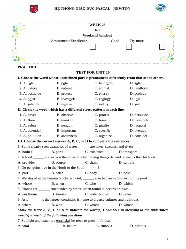 Unit 10 Practice Test for Students | PDF | Nature | Earth