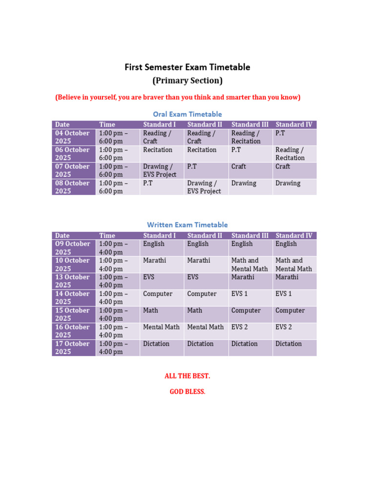 Primary Section Exam Timetable 2025 | PDF