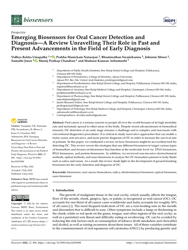 Biosensors for Early Oral Cancer Detection | PDF | Biosensor | Metabolomics