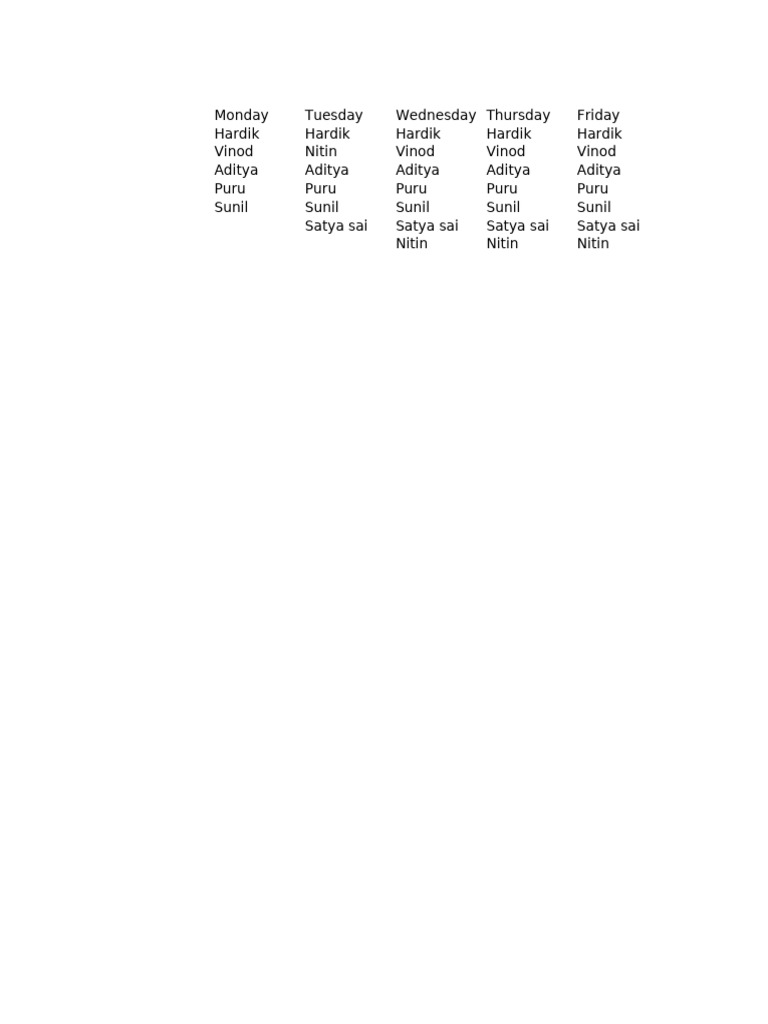Weekly Schedule of Team Members | PDF