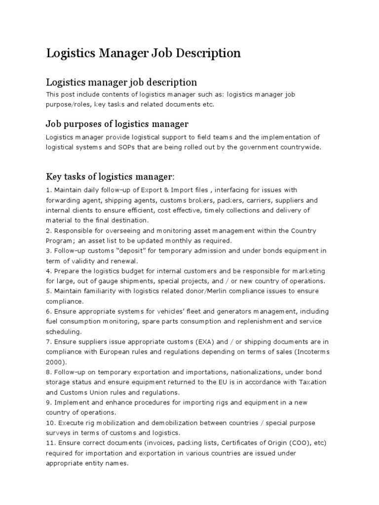 Logistics Manager Job Description | PDF