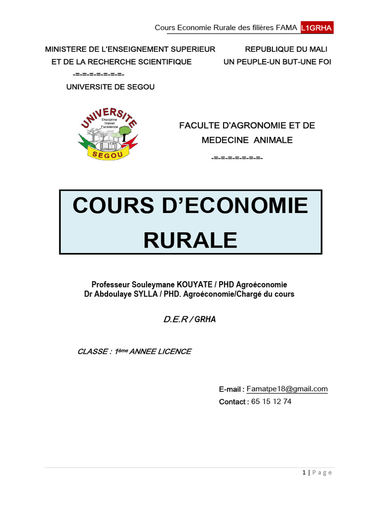 Cours d'Économie Rurale FAMA L1GRHA | PDF | Agriculture