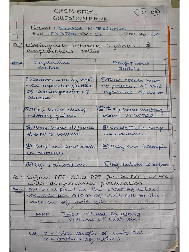 Chemistry Question Bank 2 Answer | PDF
