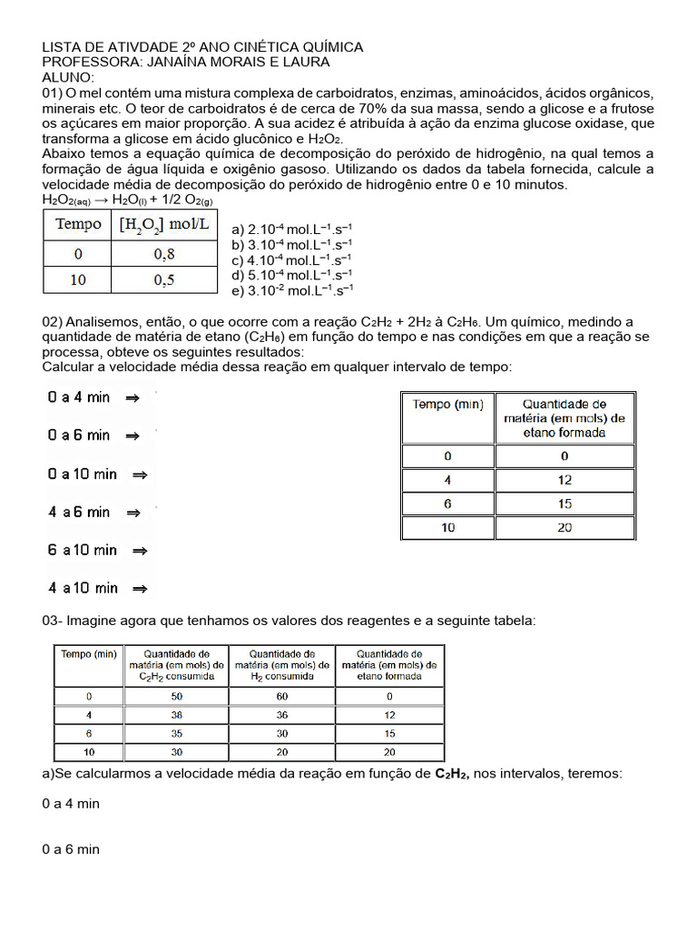 Atividades de Cinética Química 2º Ano | PDF | Reações químicas ...