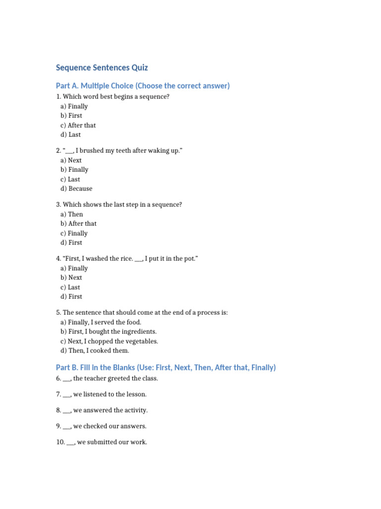 Sequence Sentences Quiz Guide | PDF