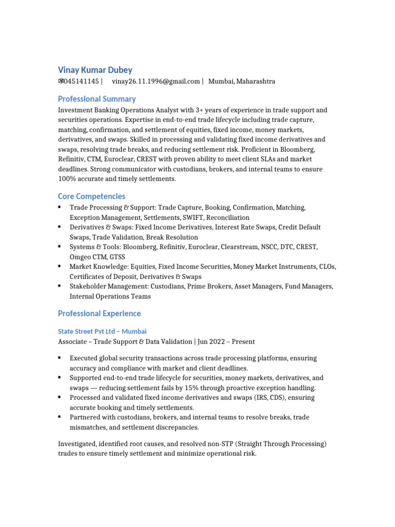 Vinay Kumar Dubey Resume Updated | PDF | Derivative (Finance) | Swap ...