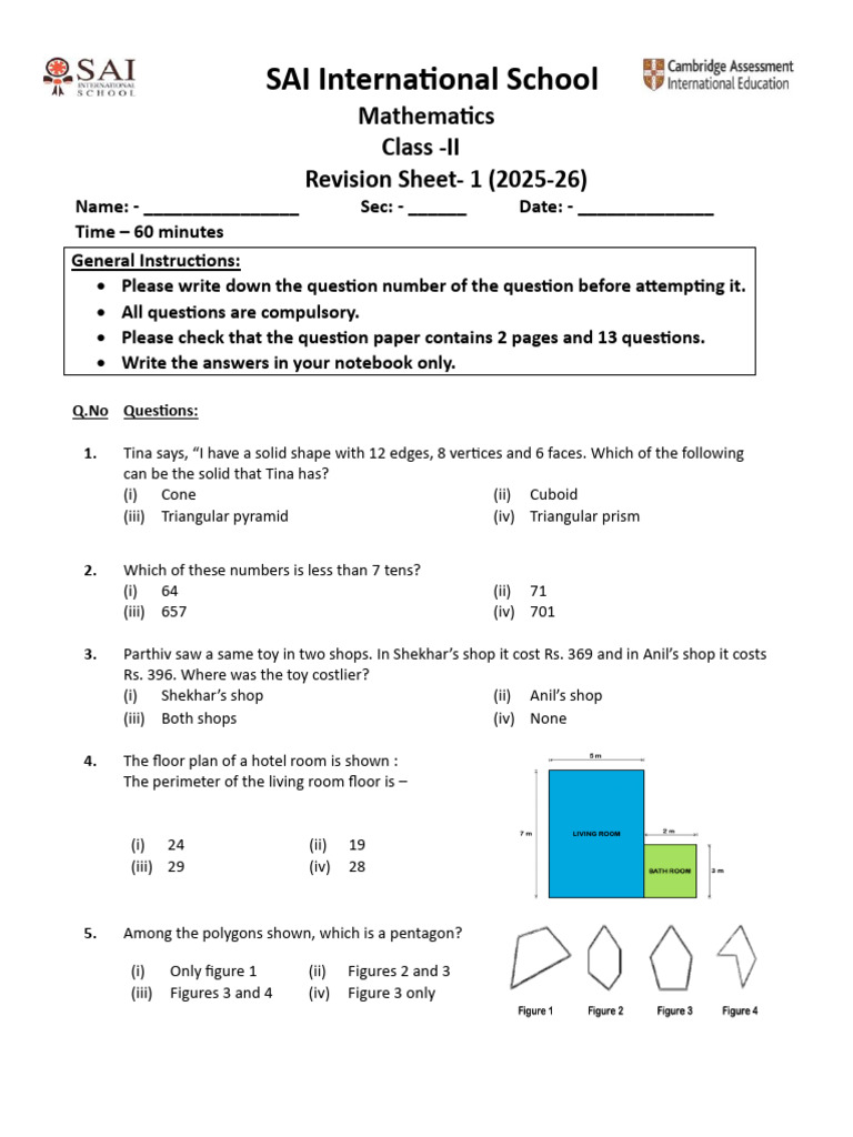 Class 2 Math Revision Sheet 2025-26 | PDF | Polytopes