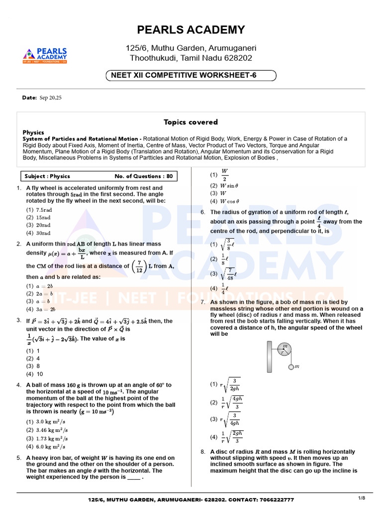 Rotational Motion Worksheet for NEET | PDF | Rotation Around A Fixed ...