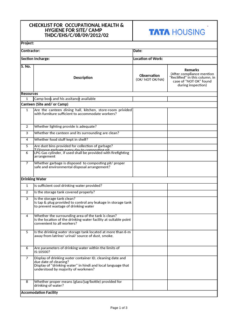 Occupational Health & Hygiene Checklist | PDF | Wash | Public Toilet