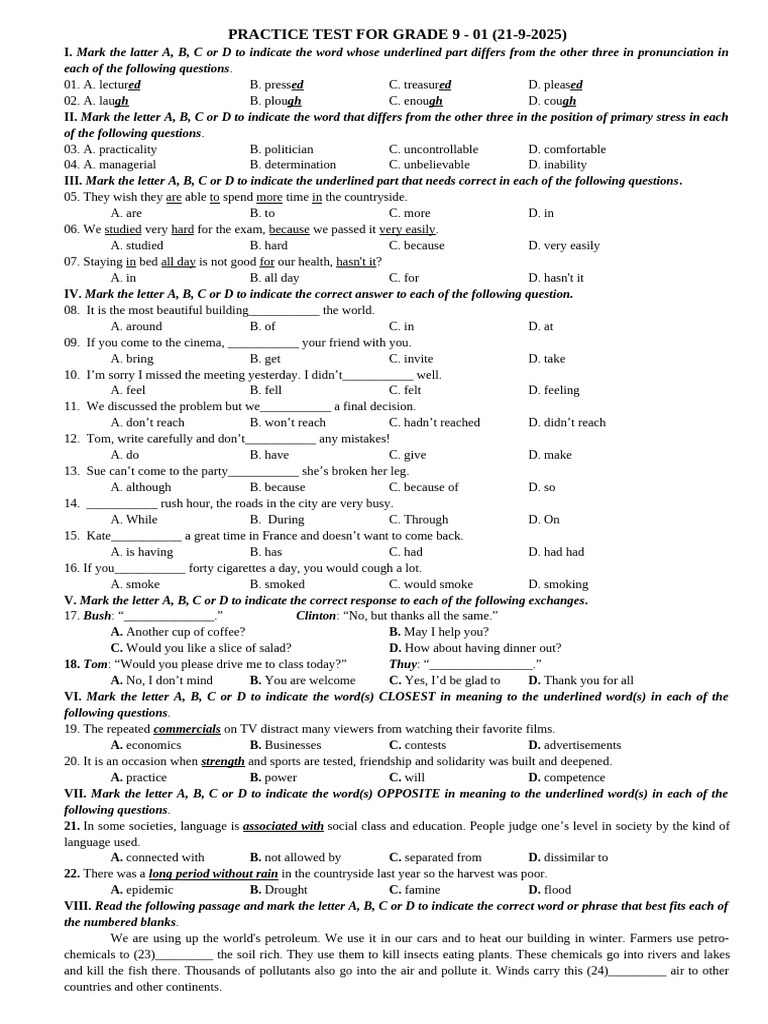 Grade 9 Practice Test Questions | PDF