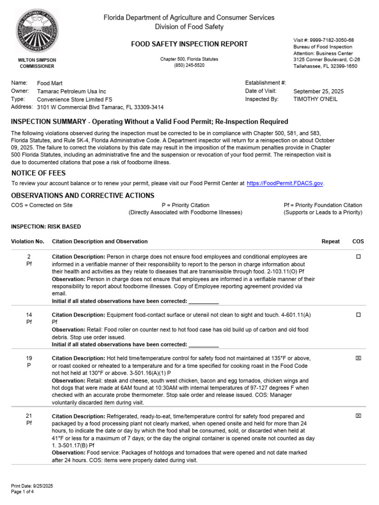 Tamarac Food Safety Inspection Report | PDF | Food Safety | Sanitation