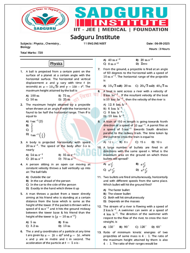 NEET Physics Exam Questions 2025 | PDF | Acceleration | Projectiles