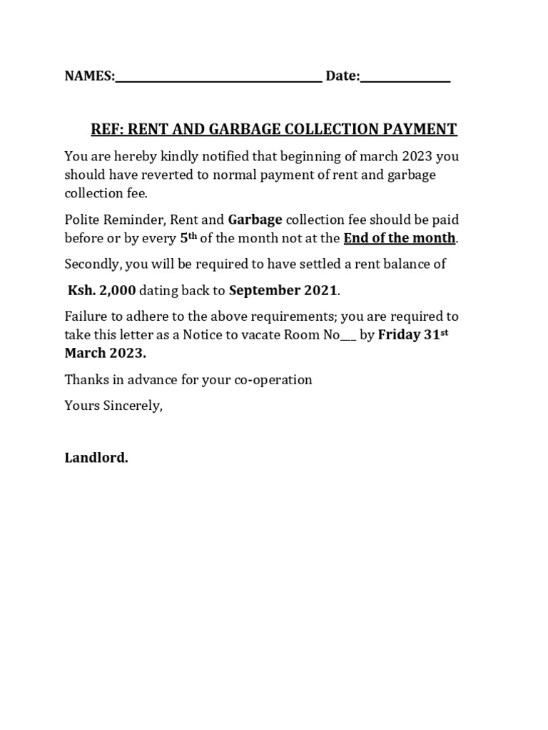 Rent and Garbage Fee Payment Reminder | PDF